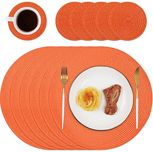 Homcomodar Round Placemats and Coasters Set of 6 Braided Woven Table Place Mats for Dining Table(Orange)
