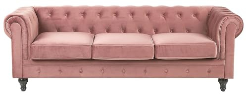 Sofá 3 plazas Chesterfield tapizado en tela de terciopelo rosa patas de madera oscura estilo contemporáneo Chesterfield