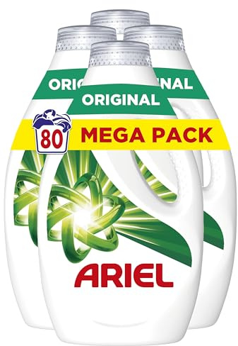 Ariel Lessive Liquide 4 bouteilles de 20 lavages (80 Lavages au total) Original Élimine Les Taches Incrustées, Même Après 7 Jours, Impeccable Même En Cycle Court Et À Froid, Fabriqué En France 4x900ml