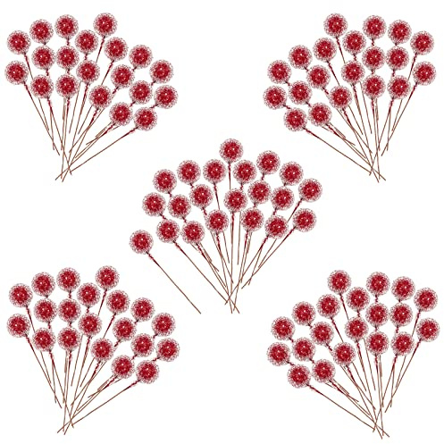 100 Pcs Christmas Holly Berries Artificial Frosted Red Holly Berries,Christmas Berries Red Berry Stems for Wreath Decorations Craft Christmas,Xmas Tree,Garland DIY Craft Party Decor Wire Berries