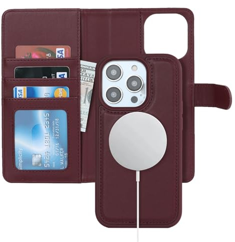 Zouzt for iPhone 13 Pro 6.1 Inch Detachable Wallet Case with Card Holder for MagSafe, Premium PU Leather 2 in 1 Flip Folio Book Magnetic Stand Protective Phone Cover for iPhone 13 Pro - Burgundy