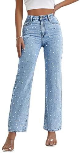 EZAPINE Pearl Jeans for Women Straight Leg High Waist Stretch Flare Bootcut Denim Pants, Blue, S
