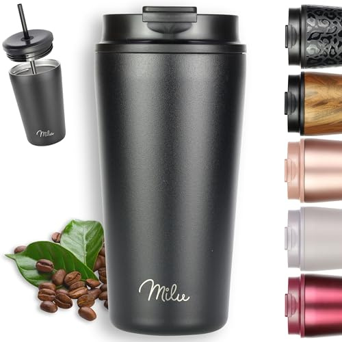 Milu Thermobecher 500ml - 100% Auslaufsicher - Edelstahl Kaffeebecher to go isoliert mit Strohhalm hält 10h heiß / 20h kalt, BPA-frei (Schwarz, 500ml)