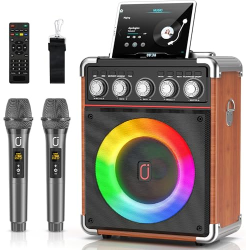 HWWR Karaoke Machine for Adults with 2 UHF Wireless Microphones, Portable Bluetooth Speaker PA System with 5 Adjustment Knob, Supports Live Stream Port, Vocal Remover, Gift for Kids, Party Wood Grain