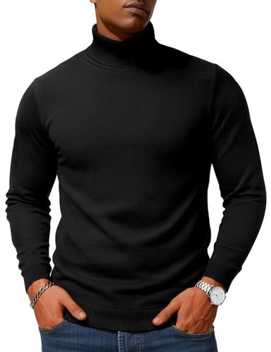 TACVASEN Mens Jumper Turtle Neck Tops for Men Causal Knitted Work Jumper Slim Fit Winter Thermal Pullover Sweaters Black,L