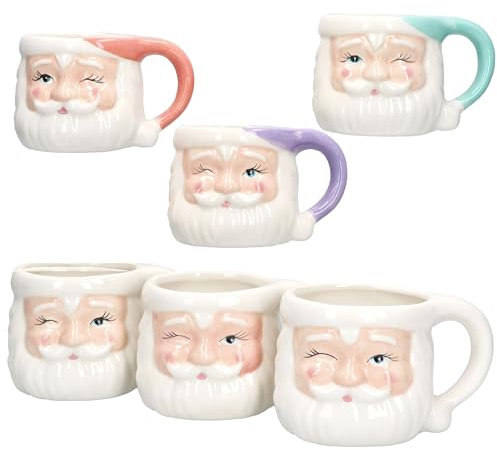 MamboCat Lot de 6 tasses à café Père Noël I 280 ml I 3 x blanc et 1 x rose, menthe et violet I Gobelets à vin chaud pastel avec visage I Look 3D I Mugs en faïence pour Noël et autres