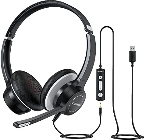 KONNAO USB Headset with Microphone, 3.5mm Wired Computer Headsets with Noise Cancelling Microphone, Stereo Headphones with MIC for PC, in Line Controls, Work Headset for Skype Zoom Tablet Laptop