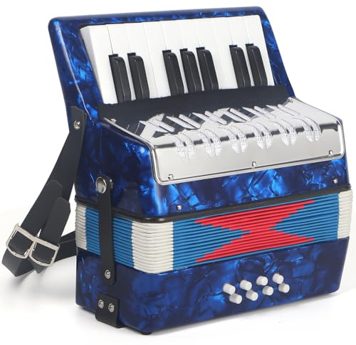 AKLOT 17 Key Piano Accordion, Lightweight & Compact Acordeon, Celluloid Accordions Brighter and Pure Tone than Plastic, Durable Metal Cover with Straps, Manual for Adult Beginners Acordeón (Blue)
