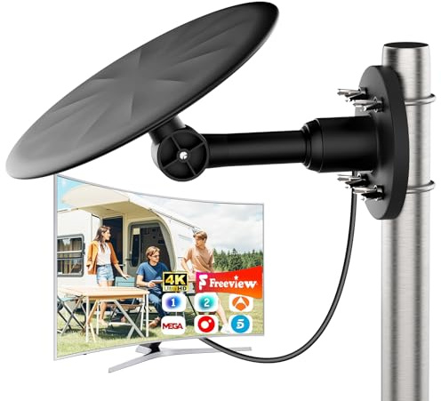 Antena TV Exterior 2025 – Recepción HD 720° para Smart TV y 4K – Señal de Largo Alcance, Cable Coaxial de 10 m, Instalación Fácil en Tejados o Paredes, Ideal para Tejados y Terrazas (Negro carbón)