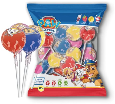 dekora | Caramelo con palo Patrulla Canina sin gluten – Bolsa 12 unidades – Golosinas cumpleaños infantiles – Sin lactosa, vegetarianos – Bolsas de Chuches para Fiestas y Piñatas