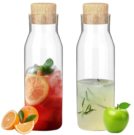 Caraffa in Vetro con Tappo in Sughero, Confezione da 2 Caraffe in Vetro Trasparente da 1 Litro, Caraffa da Frigorifero, Vetro Borosilicato, Adatto per Succo di Frutta Ghiacciato, Vino, Latte