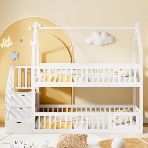 PUGSDRLY Lit Superposé Enfant 90x200cm en Bois avec échelle Rangement,Lit Mezzanine 2 Places avec Design Toit et Sommier à Lattes,Barrière de Sécurité,pour Enfant et Adolescent,sans Matelas,Blanc