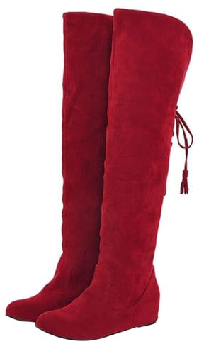 Generisch Botas de mujer cómodas de ante elegantes botas occidentales planas para mujer, punta redonda, botas altas de caña larga monocromática, botas de invierno para mujer, rojo, 38 EU