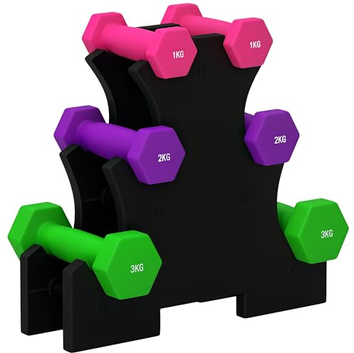 SPORTNOW Ensemble d'haltères hexagonaux courtes total 12 Kg - support d'haltères incluses - pour la musculation, 6 haltères - 2 x 1kg, 2 x 2kg, 2 x 3kg