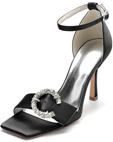 Gycdwjh 9.5cm Chaussures De Mariée Blanches Peep Toe Strass en Plis Satin Haut Talons Pompes Bout Carré Lacets Habillées Talons Sandales,Noir,38 EU