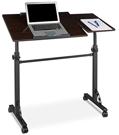 Relaxdays Laptoptisch groß XXL höhenverstellbar, HxBxT: 110 x 100 x 50 cm, Holz, Mobiles Rednerpult, Bremsbare Rollen, Notebook, Beamer, Laptops, 2 Ablagen, Ebenholz schwarz