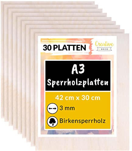 Creative Deco 30 x A3 Sperrholzplatte 3mm | 420 x 300 (+/- 2) mm | Birkensperrholz Dünne holz-Zuschnitte | Perfektes Blatt für Laubsäge, Brandmalerei, Laserschnitt, CNC Router, Durchbrochenes
