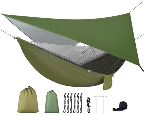 FIRINER Camping Hammock with Rain Fly Tarp and Mosquito Net Tent Tree Straps, Portable Single Double Nylon Parachute Hammock Rainfly Set for Backpacking Hiking Travel Yard Outdoor Activities Green