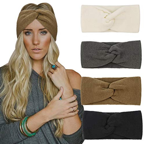 DRESHOW 4 Pièces Nœud Bandeau Hiver Elastique à Couleur Pure Laine Tricotée,Taille unique,4 Color Pack Set 4-84