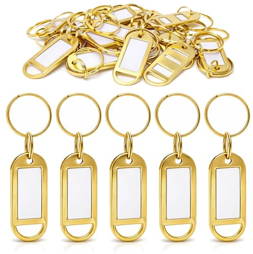 Kahns Trade Portachiavi con Etichetta in Metallo Oro – Set da 10 – Porta Chiavi con Inserto Scrivibile Fronte-Retro – Robusti, Riutilizzabili – Ideali per Ufficio, Hotel, Valigie, Animali