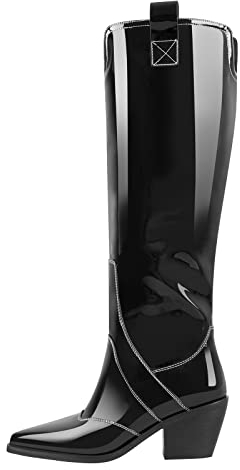 Only maker Spitze Kniestiefel mit Blockabsatz Combat Boots Biker Boots Reitstiefel Lack Schwarz EU 45