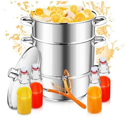Izrielar Extractor de Zumo de Vapor de acero inoxidable Ø 26/15 L con 4 botellas, Apta para Todo Tipo de cocinas, incluida la de inducción