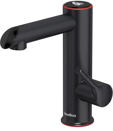 Briwellna Elektrischer Wasserhahn aus Edelstahl, 220V Wasserhahn, Heißwasserhahn für das Badezimmer, Elektrisch Wasserhahn mit Digitalanzeige (Black)