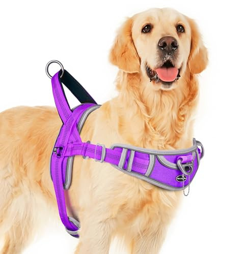 ADVENTUREMORE No Pull Dog Harness for Large Dogs, Sport Dog Halter Harness Reflective Breathable Dog Vest Escape Proof Dog Harness with Easy Control Front Clip Handle for Training Walking L Purple