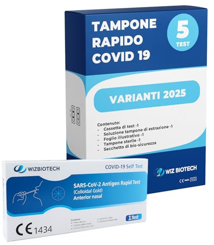 Test Rapido COVID-19 Auto-Test Nasale – 5 Test Antigenici SARS-CoV-2 – CE 1434 – Colloidal Gold – Risultato in 15 Minuti – Rilevamento Varianti 2024/25 – Uso Domiciliare