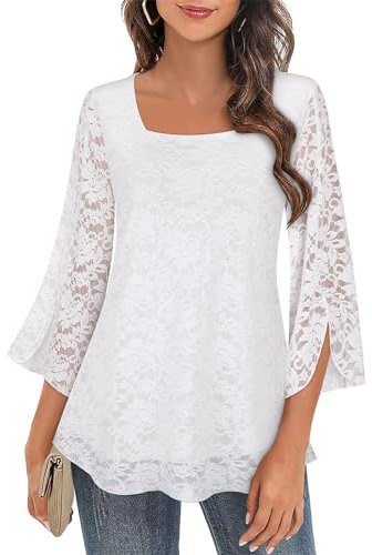 Womens Square Neck Tops, Plus Size Tunic Tops for Women 3/4 Sleeve Chiffon Blouse Shirts Ladies Flowy Fluttering Business Work Office Tops White Lace Tops