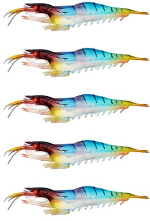 FOLANDO 5PCS Soft Plastic Shrimp Lure，Luminous Fishing Bait Artificial Fishing Bait Fishing Lure Shrimp Prawn Bait for Freshwater Saltwater 9cm LY-RX09