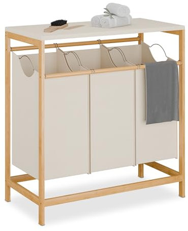 Relaxdays Wäschesammler mit 3 ausziehbaren Wäschekörben, klappbare Ablage, HBT: 84,5 x 78,5 x 40 cm, Bambus, natur/creme
