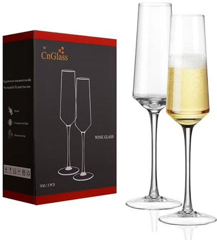 CNGLASS Crystal Champagne Flutes 200ml, Hand Blown Lead-Free Sparkling Wine Glasses Set of 2, Elegant Gift Set for Wedding, Party & Celebration
