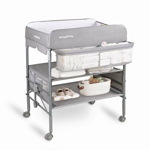Maydolly Wickeltisch für Babys, tragbarer klappbarer Wickeltisch mit Rollen, wasserdicht und höhenverstellbar, für Neugeborene (Grau)