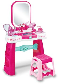 Teorema Giocattoli, Specchiera Magica Bambina con Sgabello, Postazione Trucco con Luci LED e Suoni Touch, Tavolo Trucco Interattivo, Asciugacapelli Funzionante a Batteria e Portagioie