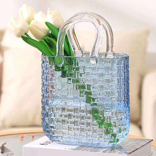 PORPAN Glass Purse Vase for Flowers, Large Purse Flower Vase, Black Glass Bag Vases, 10 Inch Handbag Shaped Vases for Home, Living Room, Bedroom, Office Decor
