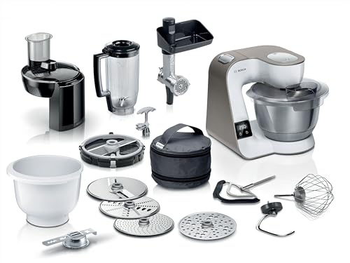 Bosch Küchenmaschine Serie 4 mit Waage, Edelstahl-Schüssel spülmaschinenfest, Mixer, Fleischwolf, Planetenrührwerk, Durchlaufschnitzler, 3 Scheiben, Würfelschneider, 1000 W, MUM5XL74