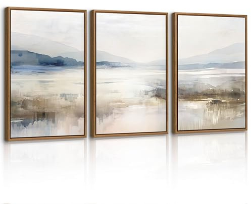 3 Pcs Abstract Mountain Lakes Framed Canvas Wall Art Set, Neutral Nature Landscape Wall Decor Misty Blue White Scenery Wall Painting Art Prints Pictures for Living Room Bedroom Office 30X40cmX3 Pcs
