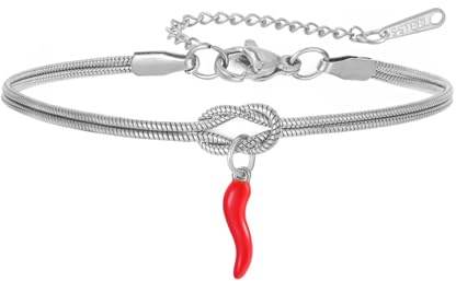 Dreamtimes Bracciale con nodo infinito Braccialetti con ciondolo in corno italiano per donna e uomo Regalo gioiello portafortuna regolabile in acciaio inossidabile (Rosso-A)