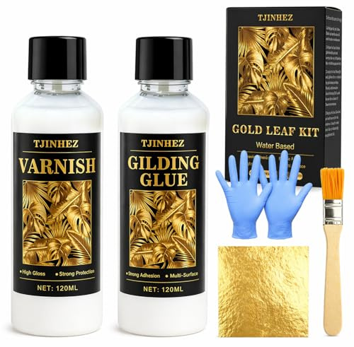 Självhäftande bladguld – 240 ml vattenbaserat lim och skyddslack med borste och bladguldblad, snabbtorkande förgyllningsset för pyssel, konst, målning, smycken, möbler och gör-det-själv-dekoration