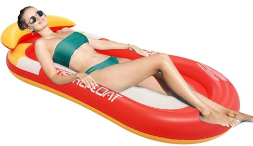 Luftmadrass vatten med nackstöd 153 x 72 cm, uppblåsbar relaxfåtölj för vuxna, enkel PVC-vattenhängmatta med nät, vattenmadrass för utomhuspool, röd och gul