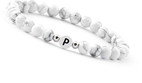 GD GOOD.designs pärlarmband bokstav | Partnerarmband vitt med riktiga howlith-pärlor | Present till par I personligt partnerarmband, 16 centimeters, Sten, Pärla