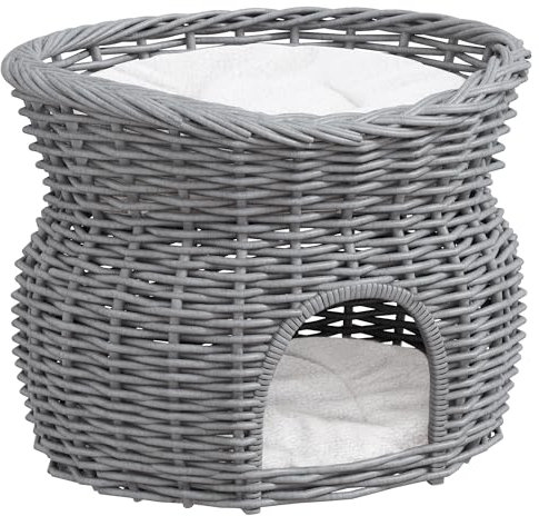 PawHut 2-Tier Wicker Cat House Elevated Pet Bed Basket Willow Kitten Tower Pet Den. Cozy Cave with Washable Cushions 56x37x40cm Grey