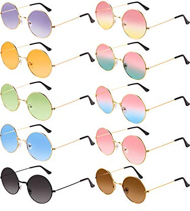 Blulu 10 Pares de Gafas de Sol de Hippies Redondas John de los Años de 1960 Gafas de Colores (Marco Dorado 2)