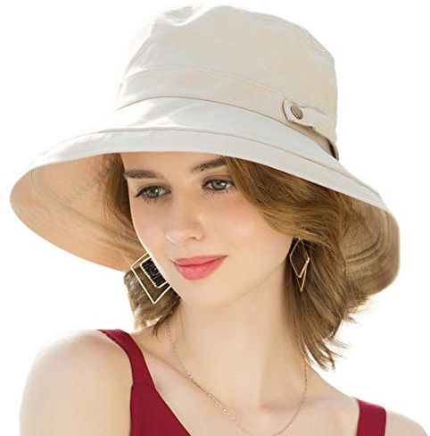 SOMALER Cappelli da Sole da Donna in Cotone a Tesa Larga UPF50+ UV Packable Beach Hat Summer Bucket cap per Viaggio, Decorazione Bottone-Beige, Taglia Unica