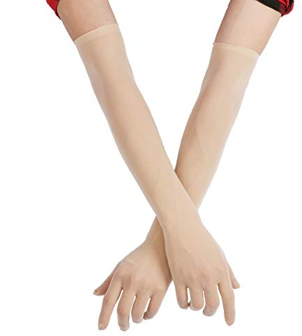 FEESHOW Damen/Herren Nahtlose Handschuhe Stulpenärmel Elastisch Strumpfhosen Nylon Durchsichtig Ellenbogen Lang für Hochzeit Abend Hautfarbe Einheitsgröße