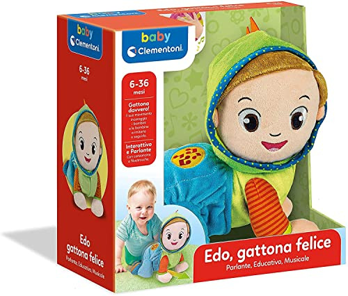 Clementoni- Edo Gattona e Sing, Peluche parlante interattivo, Canzoni e Canzoni per Bambini - Gioco per Bambini dai 6 Mesi in su, Gattonare e Muovere i Primi Passi, Multicolore, Centro per Gattonare