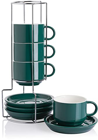 Sweejar Porcelain Cappuccino Cups with Saucers and Metal Stand, 8 Ounce Stackable Espresso Cups for Specialty Coffee Drinks, Latte, Americano, Tea - Set of 4 (Jade)