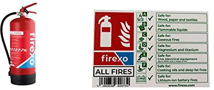 Firexo 9 Litre 7 in 1 Fire extinguisher for ALL FIRES inc. Li-ion Battery Fires! Easy to use at Office, Restaurant, Warehouse. & White Extinguisher Safety Sign for ALL FIRES Extinguisher