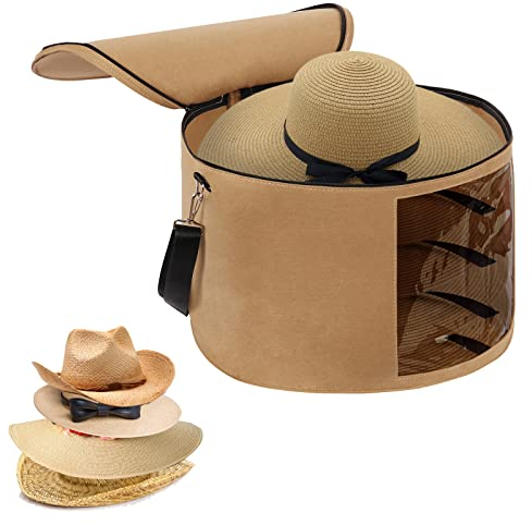 LITLANDSTAR Große Hutschachteln mit Deckel, 45 cm × 30 cm Faltbare runde Hut-Aufbewahrungsbox aus Filz mit Griffen und Schultergurt zum Tragen und Aufbewahren verschiedener Arten von Hüten, Kamel